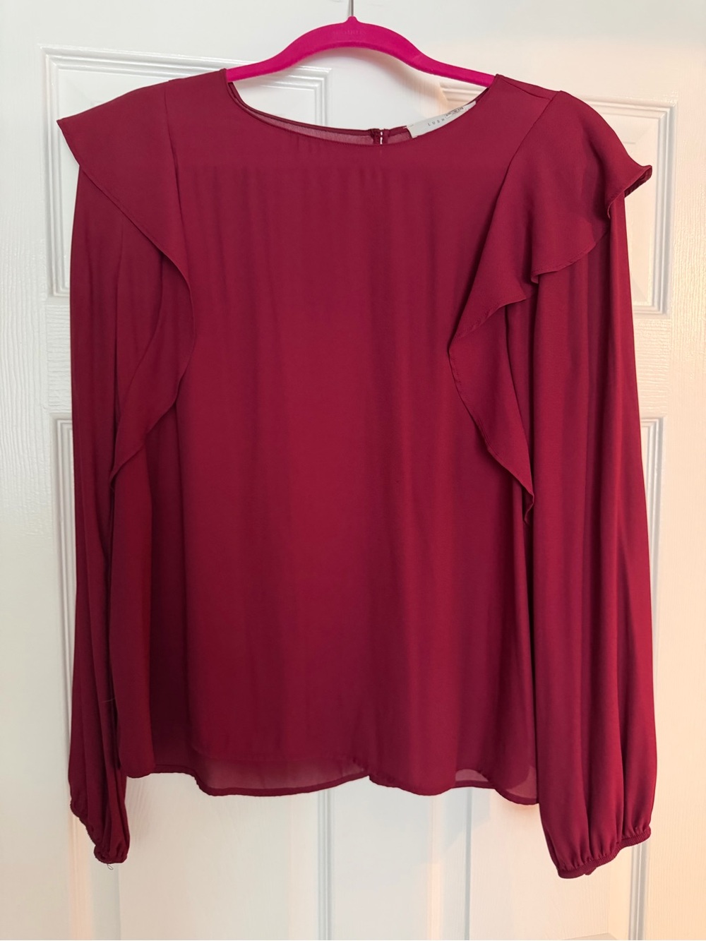 Lush - Womens Burgundy Ruffle Long-Sleeve Blouse